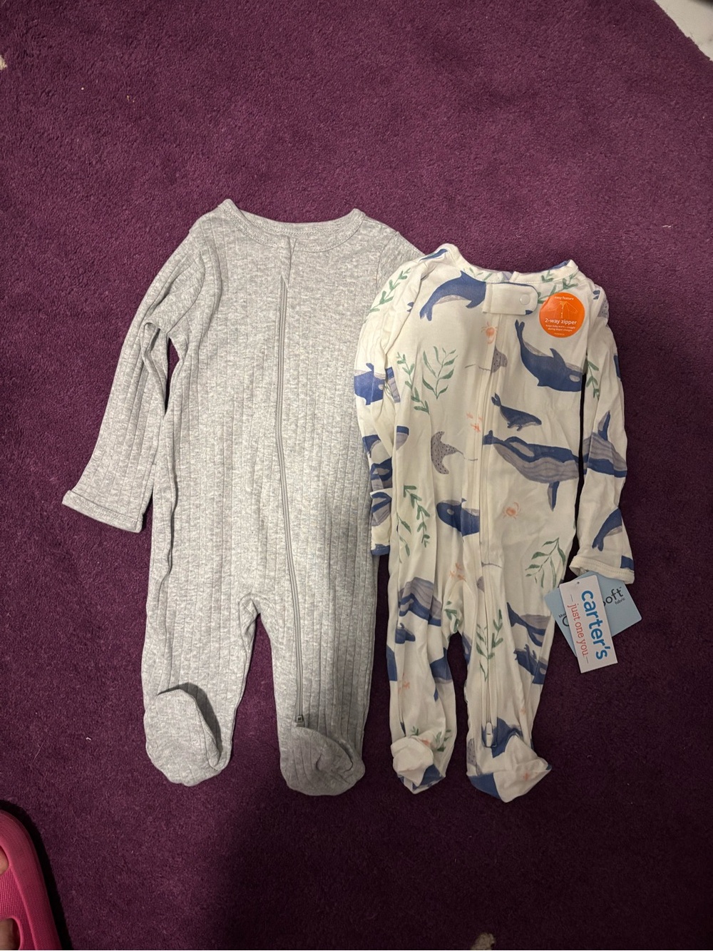 Carter's Gray Ribbed & White Whale-Print Footed One-Pieces for Baby